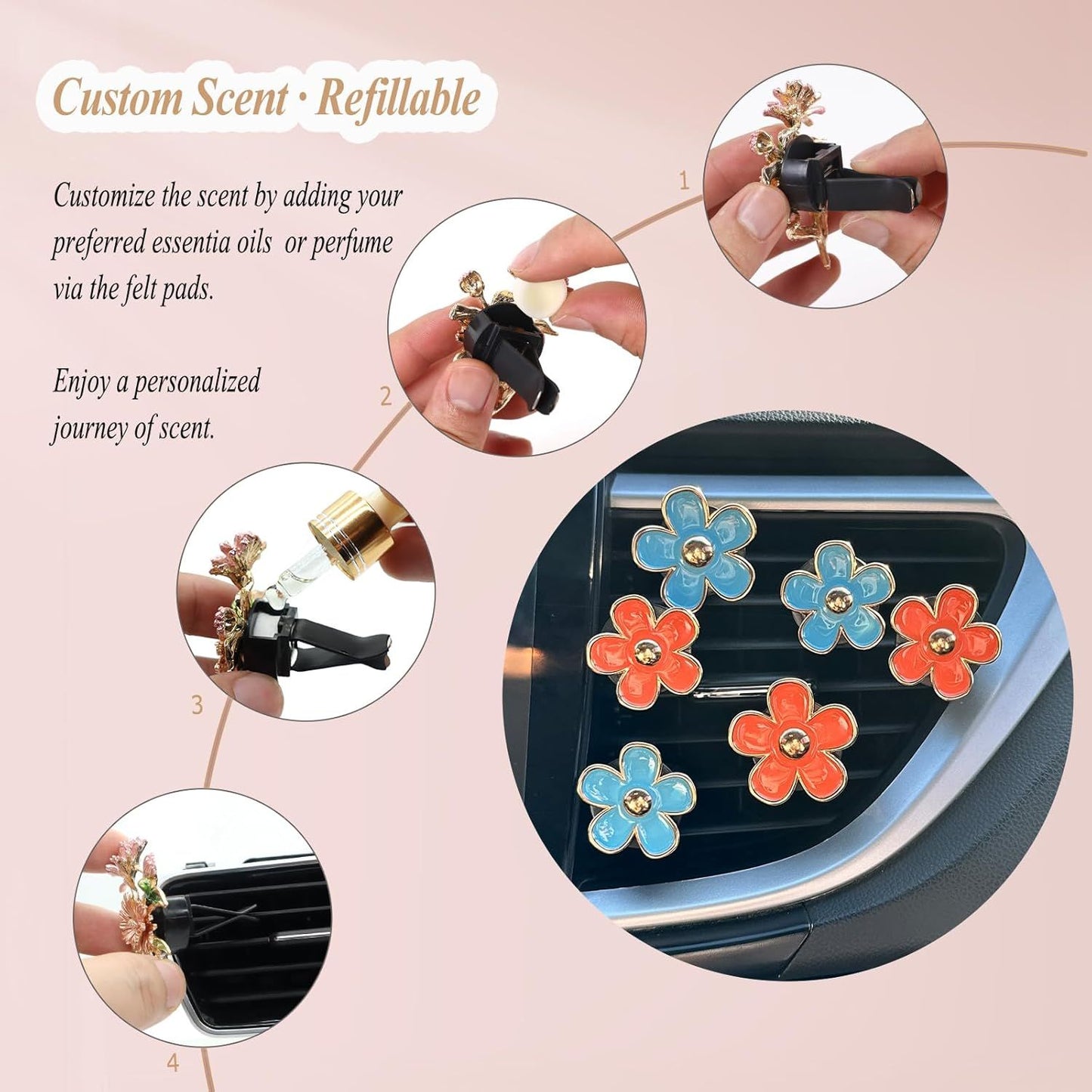 Flower Car Accessories,6pcs Daisy Car Air Freshener Vent Clips,3.3cm/3cm Blue Orange Flowers Decor,Refillable Diffusers for Women
