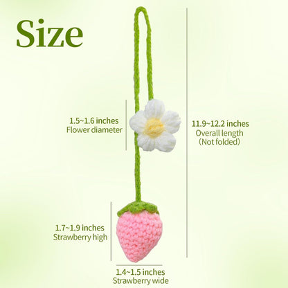 Crochet Strawberry and Flower Car Hanging Ornaments, Cute Aesthetic Rearview Mirror Hanging Accessories for Women and Girls, Handmade Polyester Fiber Car Decor 2-Pack