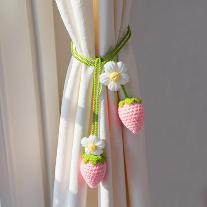 Crochet Strawberry and Flower Car Hanging Ornaments, Cute Aesthetic Rearview Mirror Hanging Accessories for Women and Girls, Handmade Polyester Fiber Car Decor 2-Pack
