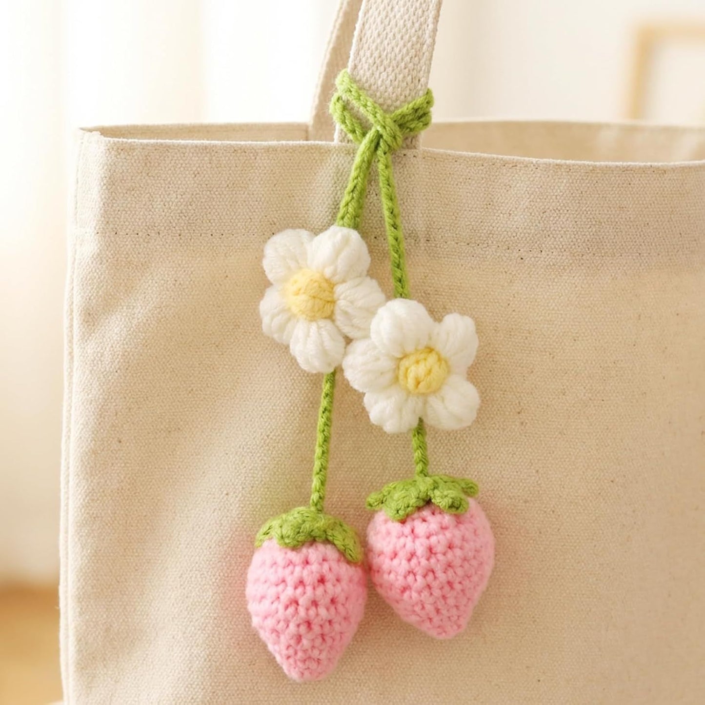 Crochet Strawberry and Flower Car Hanging Ornaments, Cute Aesthetic Rearview Mirror Hanging Accessories for Women and Girls, Handmade Polyester Fiber Car Decor 2-Pack