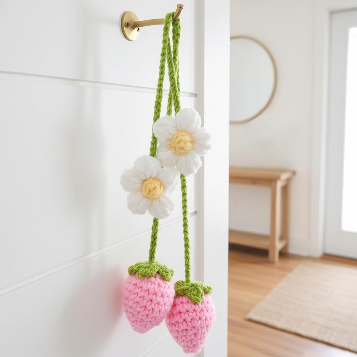 Crochet Strawberry and Flower Car Hanging Ornaments, Cute Aesthetic Rearview Mirror Hanging Accessories for Women and Girls, Handmade Polyester Fiber Car Decor 2-Pack