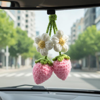 Crochet Strawberry and Flower Car Hanging Ornaments, Cute Aesthetic Rearview Mirror Hanging Accessories for Women and Girls, Handmade Polyester Fiber Car Decor 2-Pack