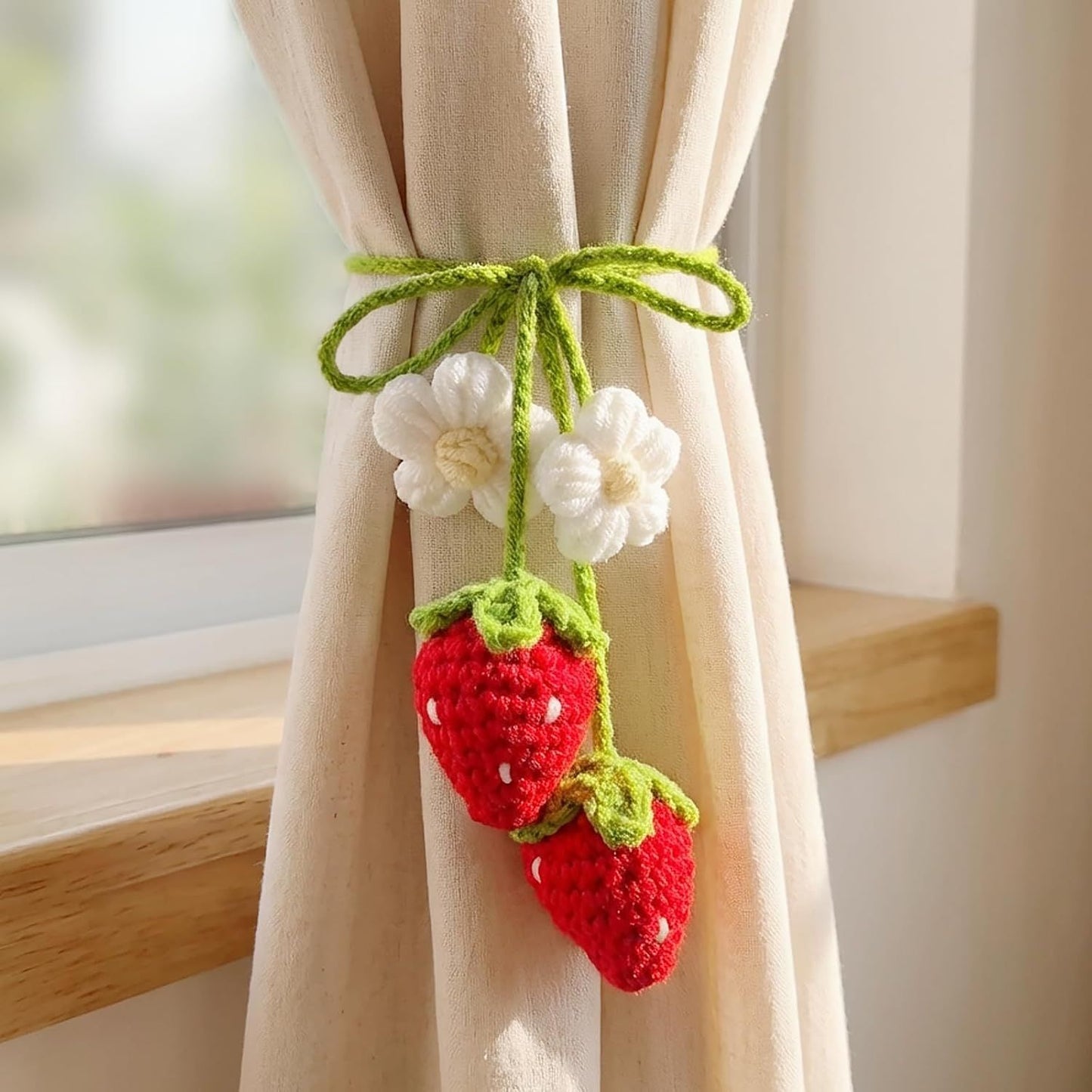 Handmade Crochet Red Strawberry and Flower Car Rear View Mirror Hanging Ornament - Cute Aesthetic Car Accessories for Women and Teens