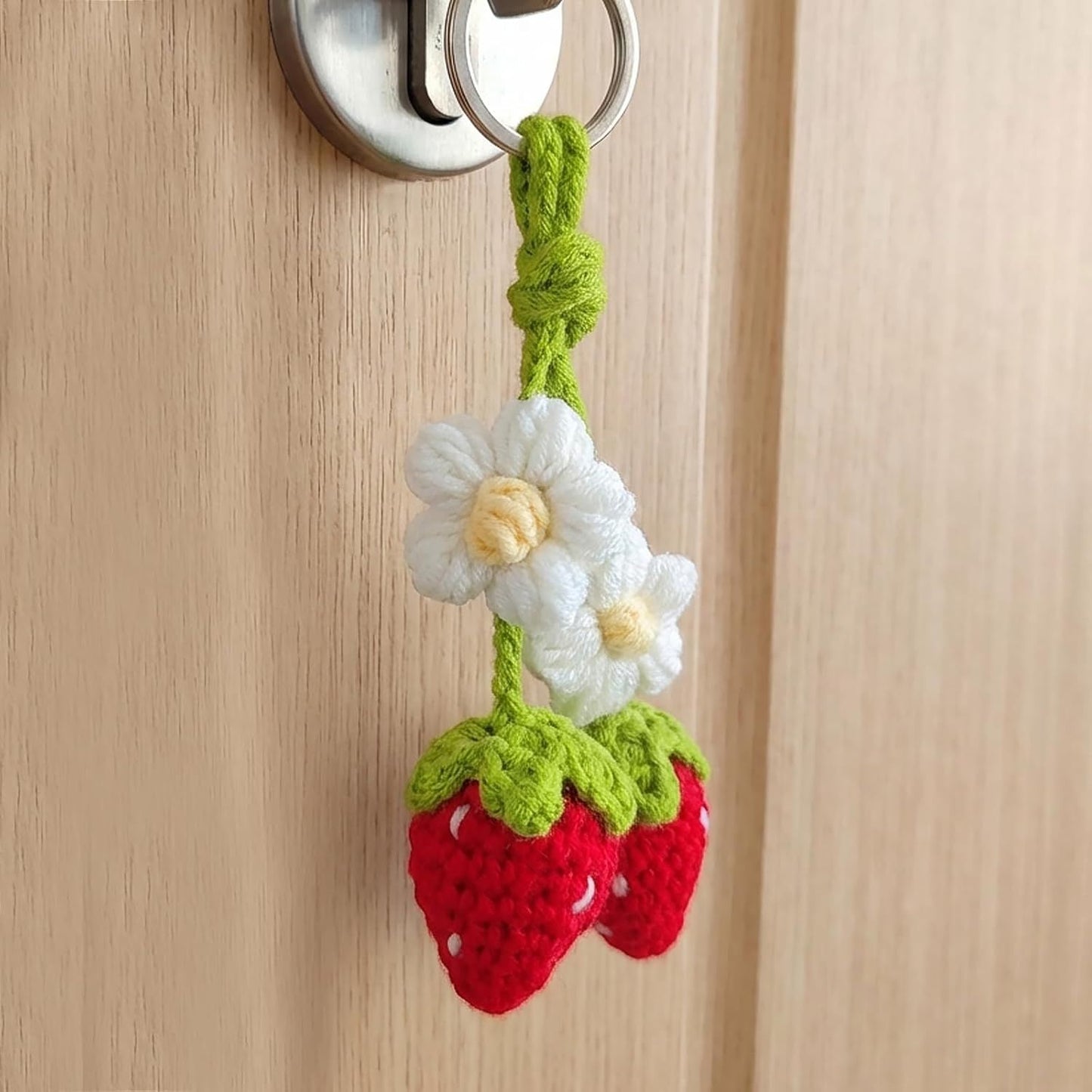 Handmade Crochet Red Strawberry and Flower Car Rear View Mirror Hanging Ornament - Cute Aesthetic Car Accessories for Women and Teens