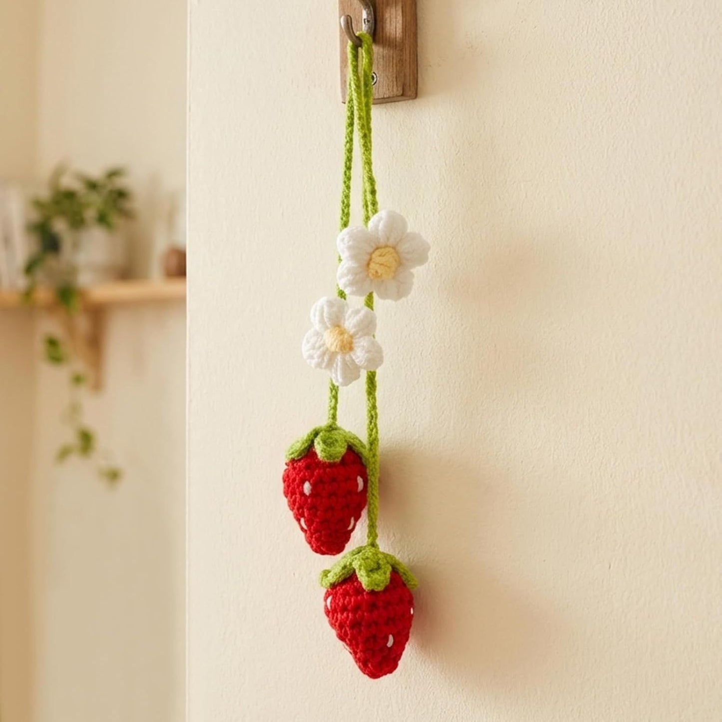Handmade Crochet Red Strawberry and Flower Car Rear View Mirror Hanging Ornament - Cute Aesthetic Car Accessories for Women and Teens