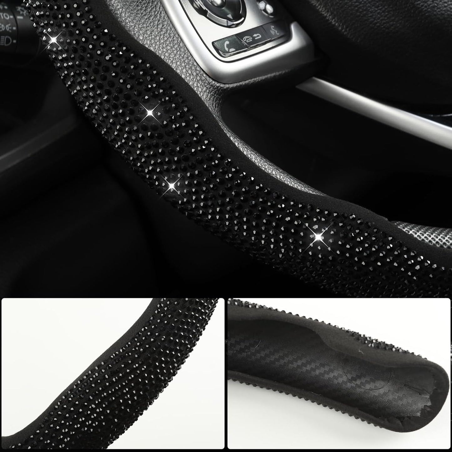 Diamond Bling Car Steering Wheel Cover with Crystal Rhinestones,3PCS Segmented Steering Wheel Protector,Universal for 99% Cars for Women(Black with Black Diamond)