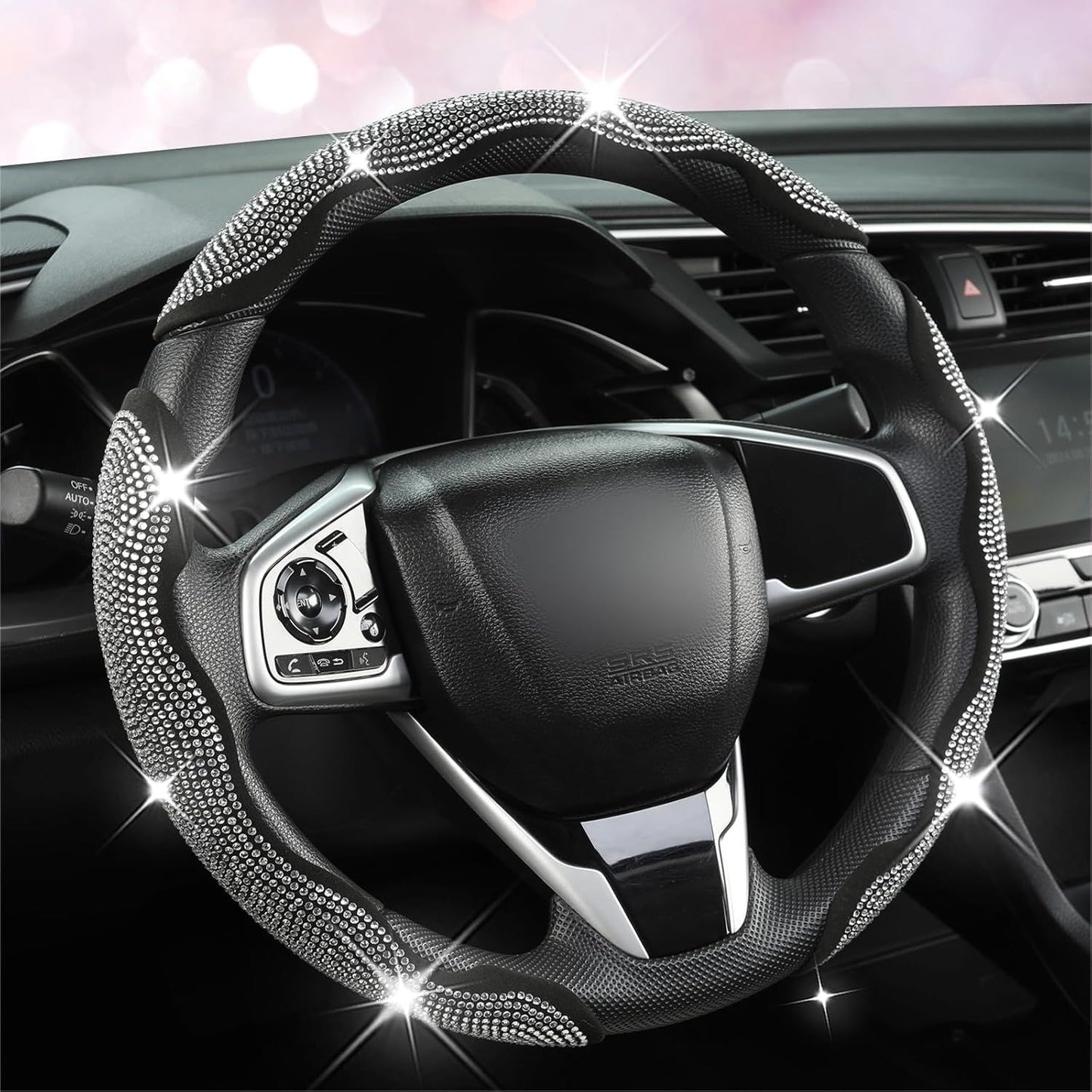 Diamond Bling Car Steering Wheel Cover with Crystal Rhinestones,3PCS Segmented Steering Wheel Protector,Universal for 99% Cars for Women(Black with White Diamond)