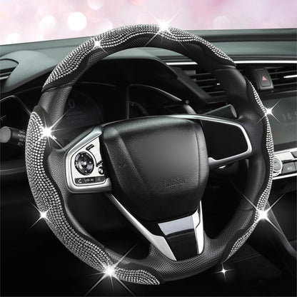 Diamond Bling Car Steering Wheel Cover with Crystal Rhinestones,3PCS Segmented Steering Wheel Protector,Universal for 99% Cars for Women(Black with White Diamond)
