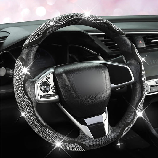 Diamond Bling Car Steering Wheel Cover with Crystal Rhinestones,3PCS Segmented Steering Wheel Protector,Universal for 99% Cars for Women(Black with White Diamond)