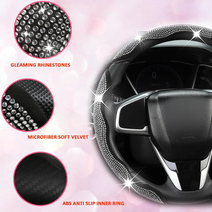 Diamond Bling Car Steering Wheel Cover with Crystal Rhinestones,3PCS Segmented Steering Wheel Protector,Universal for 99% Cars for Women(Black with White Diamond)
