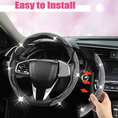 Diamond Bling Car Steering Wheel Cover with Crystal Rhinestones,3PCS Segmented Steering Wheel Protector,Universal for 99% Cars for Women(Black with White Diamond)