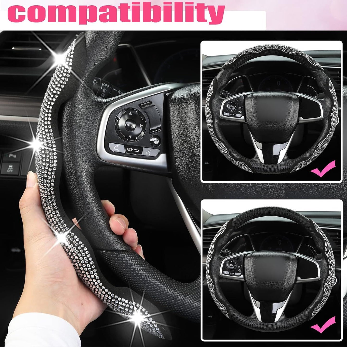 Diamond Bling Car Steering Wheel Cover with Crystal Rhinestones,3PCS Segmented Steering Wheel Protector,Universal for 99% Cars for Women(Black with White Diamond)