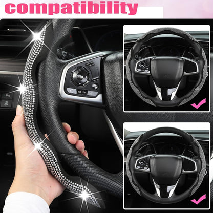 Diamond Bling Car Steering Wheel Cover with Crystal Rhinestones,3PCS Segmented Steering Wheel Protector,Universal for 99% Cars for Women(Black with White Diamond)