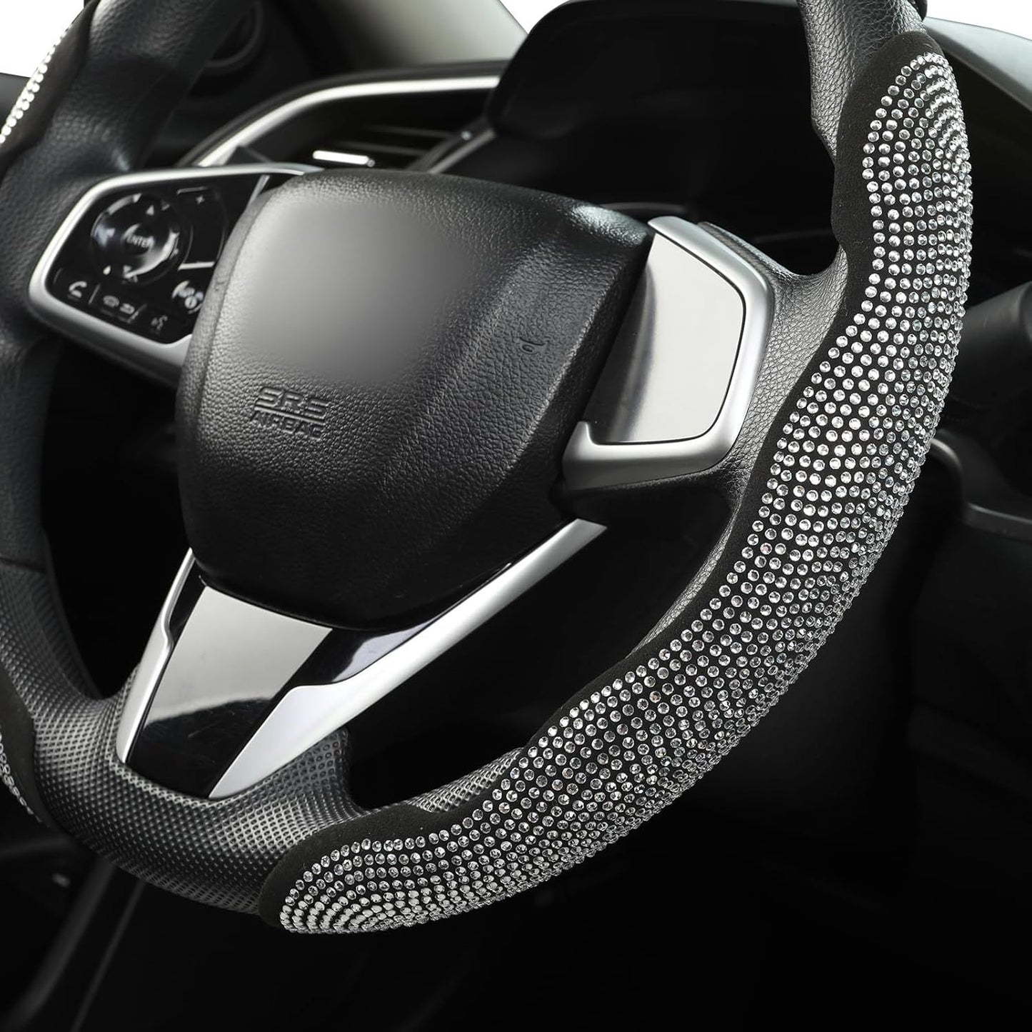 Diamond Bling Car Steering Wheel Cover with Crystal Rhinestones,3PCS Segmented Steering Wheel Protector,Universal for 99% Cars for Women(Black with White Diamond)