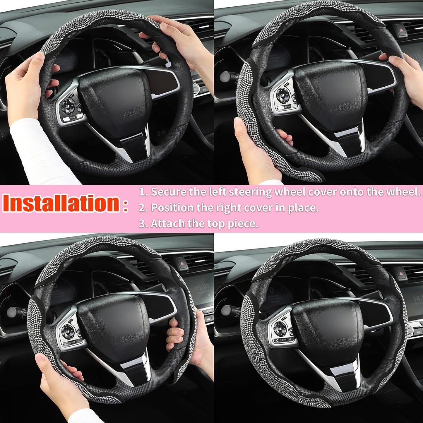 Diamond Bling Car Steering Wheel Cover with Crystal Rhinestones,3PCS Segmented Steering Wheel Protector,Universal for 99% Cars for Women(Black with White Diamond)