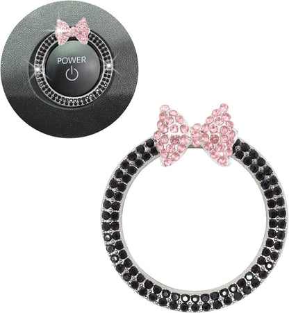 Bow Car Accessories,Pink Bow Tie Push Start Button Rhinestone Ring,Black Engine Start Stop Button Ring Car Decor,Bling Girly Ignition Charm