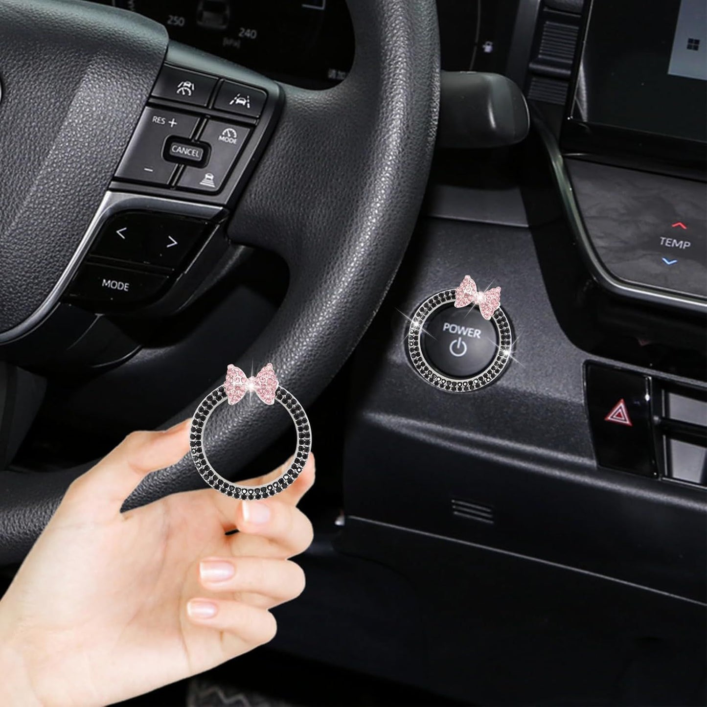 Bow Car Accessories,Pink Bow Tie Push Start Button Rhinestone Ring,Black Engine Start Stop Button Ring Car Decor,Bling Girly Ignition Charm