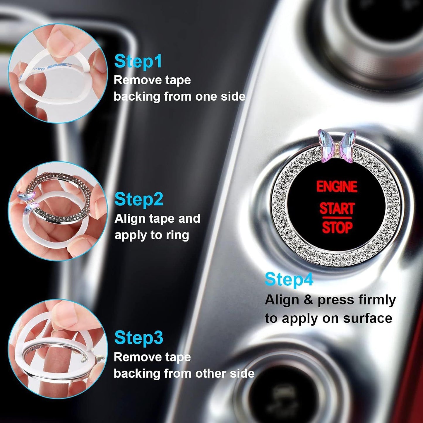 Bow Car Accessories,Pink Bow Tie Push Start Button Rhinestone Ring,Black Engine Start Stop Button Ring Car Decor,Bling Girly Ignition Charm