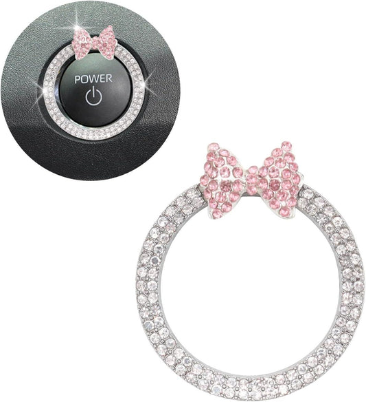 Pink Bow Car Accessories,Bow Tie Engine Start Button Ring,Bling Girly Silver Rhinestone Ring Start Stop Button Car Decor for Women,Ignition Ring Car Charm