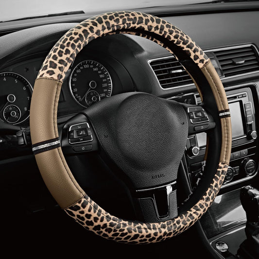 Leopard Steering Wheel Cover for Women, Cute Anti-Slip Microfiber Leather, Universal Fit 14.5-15 Inch Round Steering Wheel - Beige