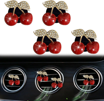 4 Pcs Cherry Car Air Vent Freshener Clip, Rhinestone Car Air Outlet Fragrance Freshener, Bling Cute Automobile Accessories Decoration for Women,Air Fresheners Decor（Odor Random）