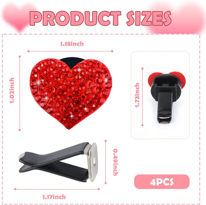 4PCS Heart-Shaped Car Vent Clips with Rhinestone,Bling Air Vent Clips Car Decorations,Premium Shiny Car Clips for Vents Accessories Interior (Red)