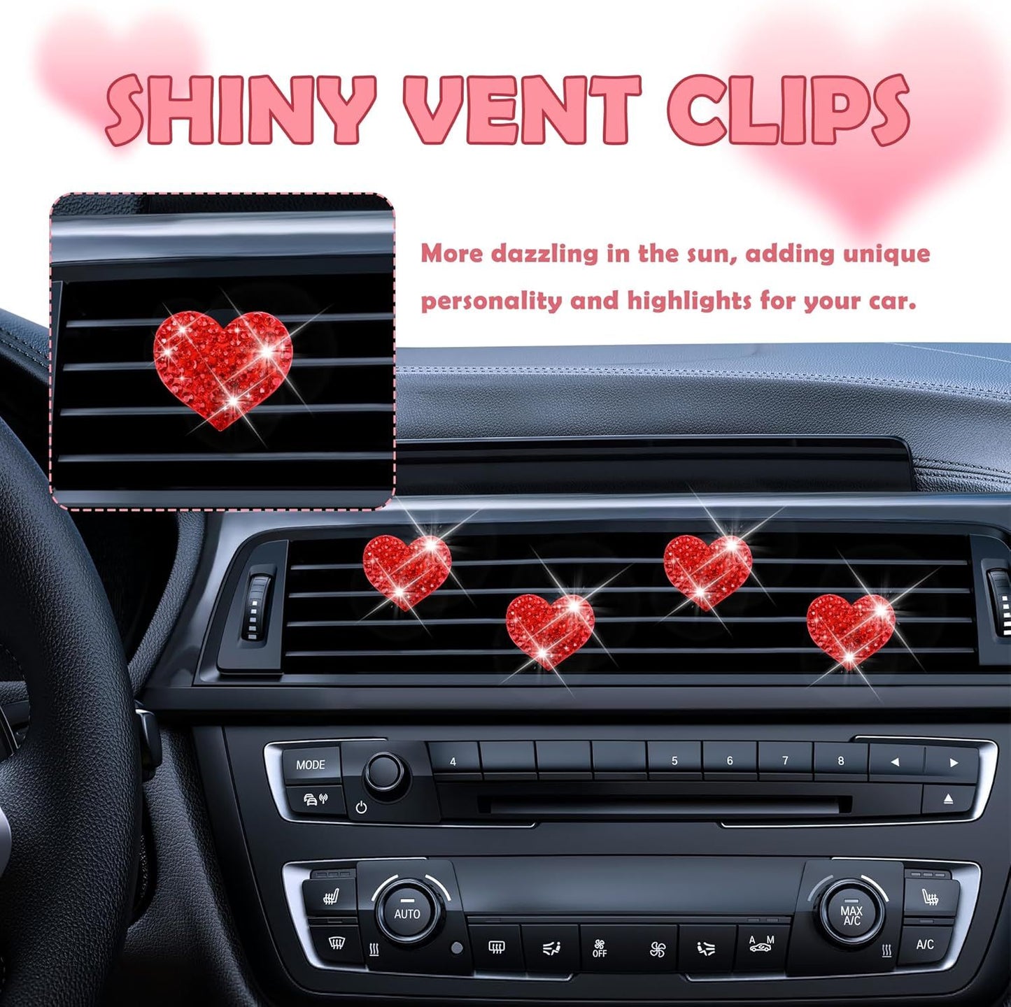 4PCS Heart-Shaped Car Vent Clips with Rhinestone,Bling Air Vent Clips Car Decorations,Premium Shiny Car Clips for Vents Accessories Interior (Red)