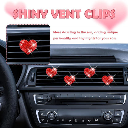 4PCS Heart-Shaped Car Vent Clips with Rhinestone,Bling Air Vent Clips Car Decorations,Premium Shiny Car Clips for Vents Accessories Interior (Red)