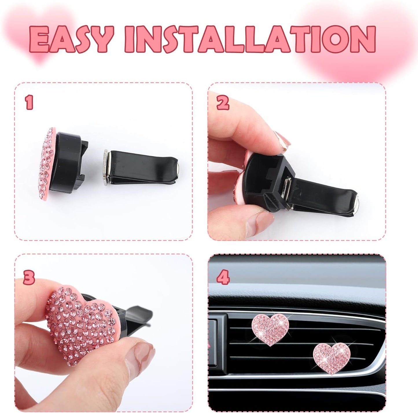 4PCS Heart-Shaped Car Vent Clips with Rhinestone,Bling Air Vent Clips Car Decorations,Premium Shiny Car Clips for Vents Accessories Interior (Red)