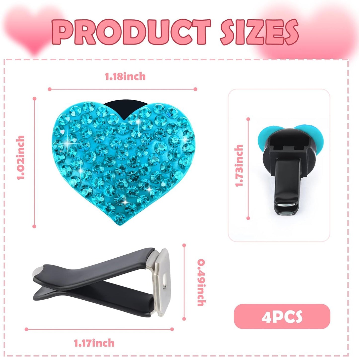 4PCS Heart-Shaped Car Vent Clips with Rhinestone,Bling Air Vent Clips Car Decorations,Premium Shiny Car Clips for Vents Accessories Interior (Lake Blue)