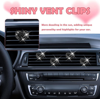 4PCS Heart-Shaped Car Vent Clips with Rhinestone,Bling Air Vent Clips Car Decorations,Premium Shiny Car Clips for Vents Accessories Interior (Black)