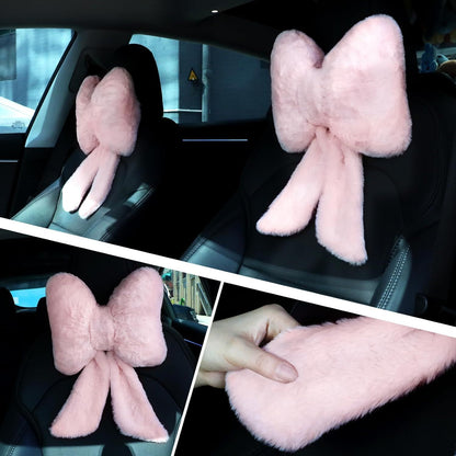 2 Pcs Car Neck Pillow Plush Butterfly Bow Car Headrest Pillow Comfortable Seat Neck Support Cute Head Rest Accessories for Driving Travel Driver Chair Girl Style Interior Decor(Pink)