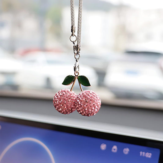 Bling Cherry Car Rear View Mirror Charm, Sparkly Rhinestones Automotive Decoration Pendant, Cute Vehicle Interior Hanging Ornament, Lucky Present for Women, Girl (Pink)