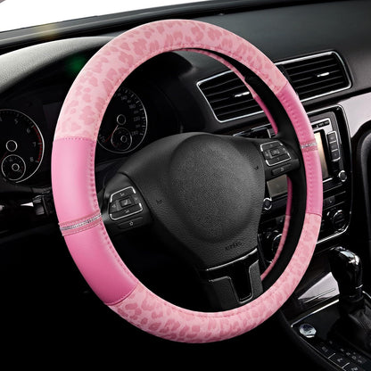 Leopard Steering Wheel Cover for Women, Cute Anti-Slip Microfiber Leather, Universal Fit 14.5-15 Inch Round Steering Wheel - Full Pink