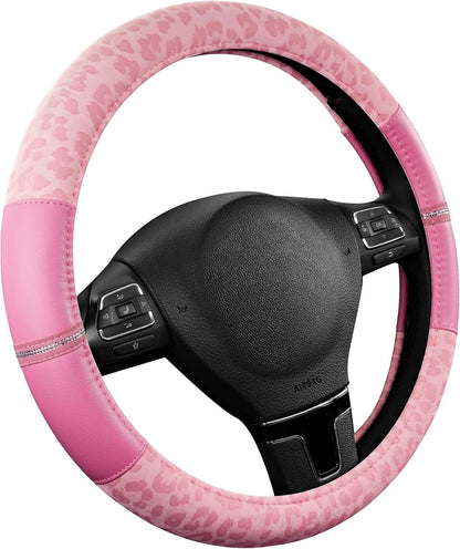 Leopard Steering Wheel Cover for Women, Cute Anti-Slip Microfiber Leather, Universal Fit 14.5-15 Inch Round Steering Wheel - Full Pink