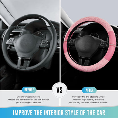 Leopard Steering Wheel Cover for Women, Cute Anti-Slip Microfiber Leather, Universal Fit 14.5-15 Inch Round Steering Wheel - Full Pink