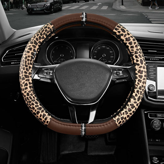 Leopard Steering Wheel Cover for Women, Cute Anti-Slip Microfiber Leather, Fits D Shape Flat Bottom Steering Wheel 14.5-15 Inch - Brown