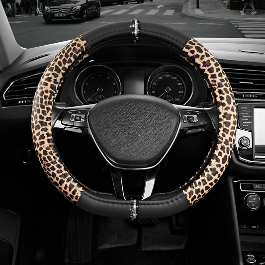 Leopard Steering Wheel Cover for Women, Cute Anti-Slip Microfiber Leather, Fits D Shape Flat Bottom Steering Wheel 14.5-15 Inch - Black