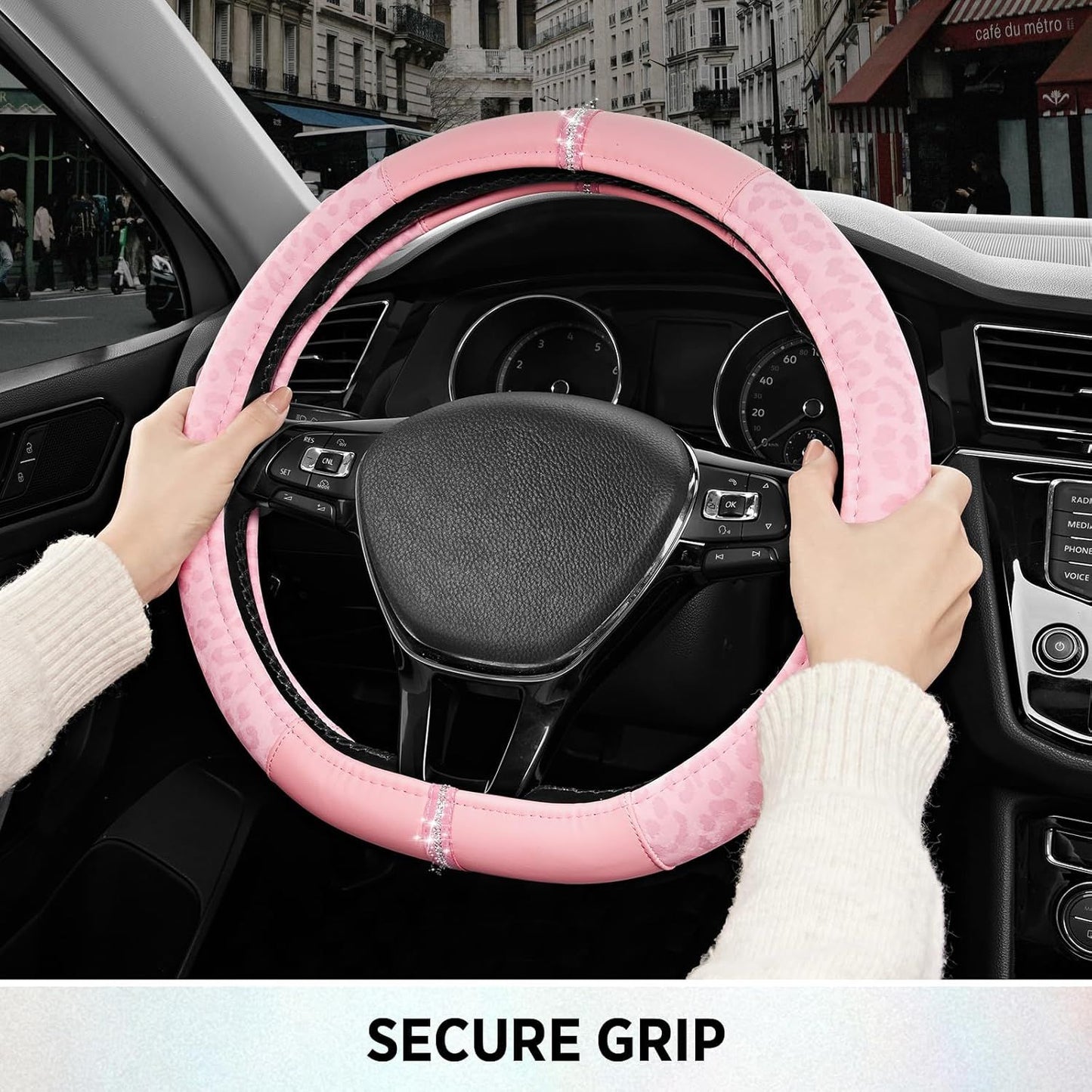 Leopard Steering Wheel Cover for Women, Cute Anti-Slip Microfiber Leather, Fits D Shape Flat Bottom Steering Wheel 14.5-15 Inch - Pink and Pink Leapoard