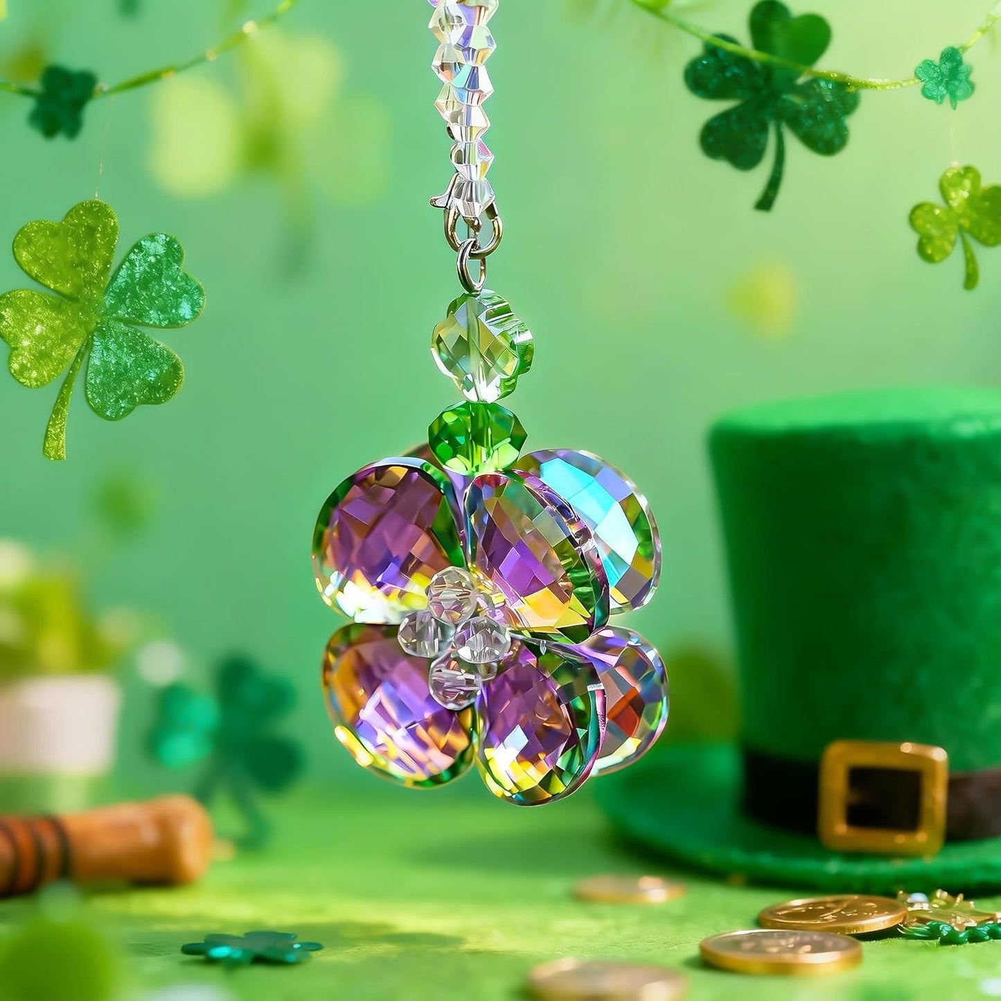 Crystal Four Leaf Clover Car Rear View Mirror Pendant Hanging Ornament for Car Accessories, Backpack, or Bag Decor