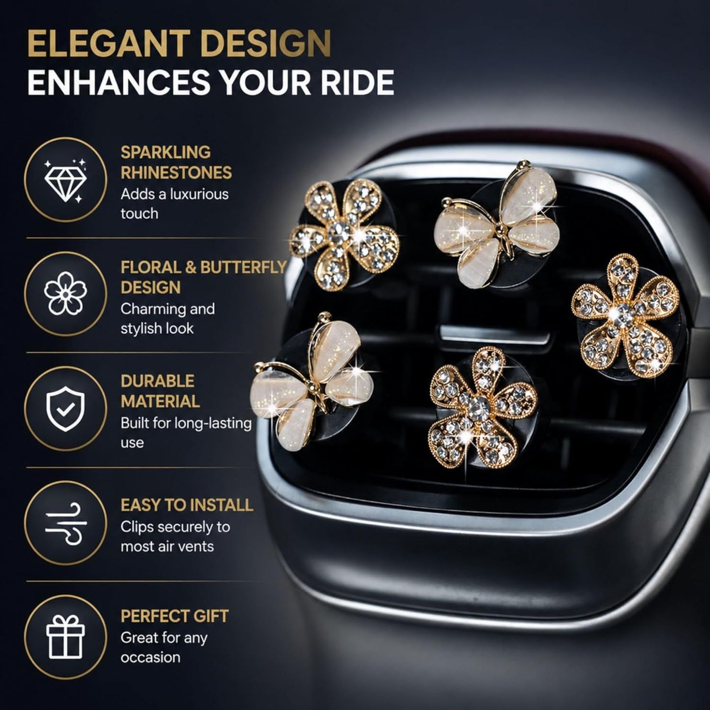 5Pcs Bling Butterfly & Flower Car Air Vent Clips, Rhinestone Car Air Freshener, Luxury Car Interior Decor Accessories for Women