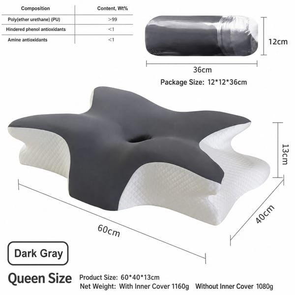 Butterfly Shaped Memory Foam Pillow, Ergonomic Orthopedic Support Pillow for Neck Pain Relief, Ice‑Silk Cover Sleep Pillow for Side Back Stomach Sleeper, Queen Size 60×40×13cm, Dark Grey