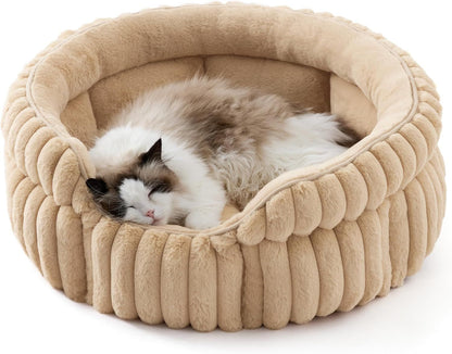 Cat Bed, Washable Round Cute Cat Beds for Indoor Cats, Super Soft Corduroy Pet Bed for Puppy and Kitten with Anti-Slip Bottom, 23''x23''x8.5'', Sandy Beige