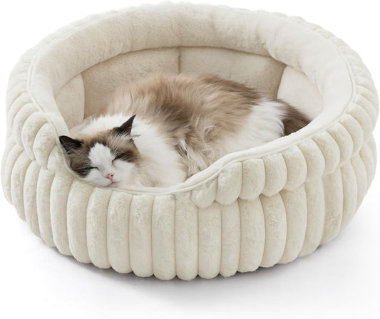 Cat Bed, Washable Round Cute Cat Beds for Indoor Cats, Super Soft Corduroy Pet Bed for Puppy and Kitten with Anti-Slip Bottom, 23''x23''x8.5'', Cream
