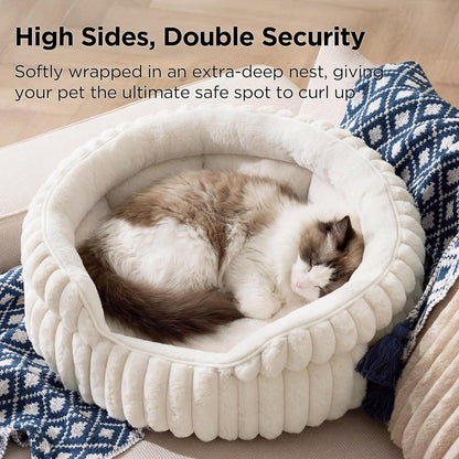 Cat Bed, Washable Round Cute Cat Beds for Indoor Cats, Super Soft Corduroy Pet Bed for Puppy and Kitten with Anti-Slip Bottom, 23''x23''x8.5'', Cream
