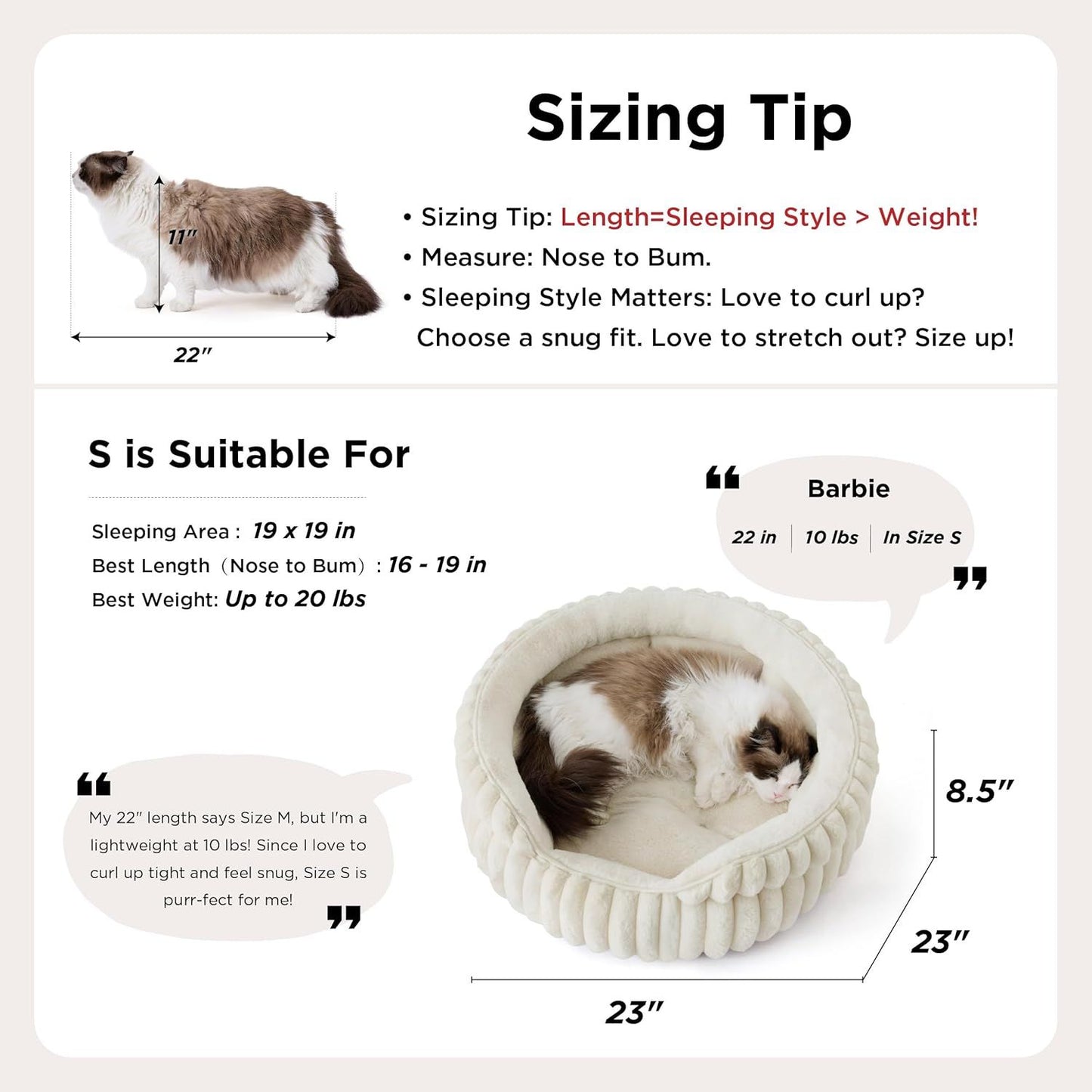 Cat Bed, Washable Round Cute Cat Beds for Indoor Cats, Super Soft Corduroy Pet Bed for Puppy and Kitten with Anti-Slip Bottom, 23''x23''x8.5'', Cream