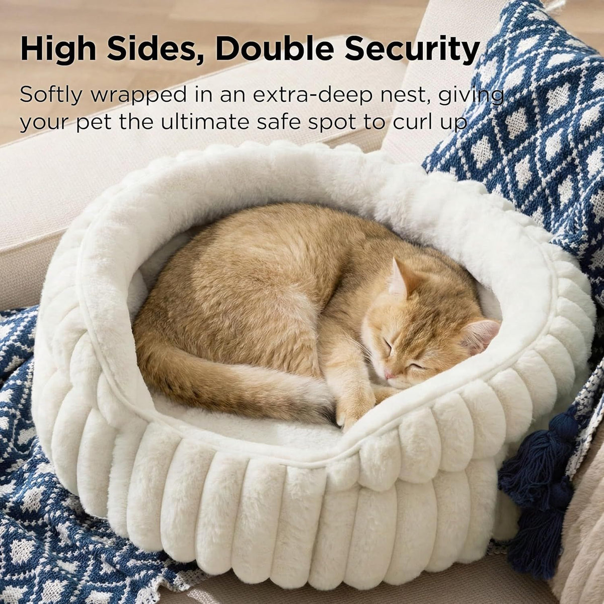 Cat Bed, Washable Round Cute Pet Beds for Indoor Cats, Super Soft Corduroy Kitten Bed with Anti-Slip Bottom, 20''x20''x8'', Cream