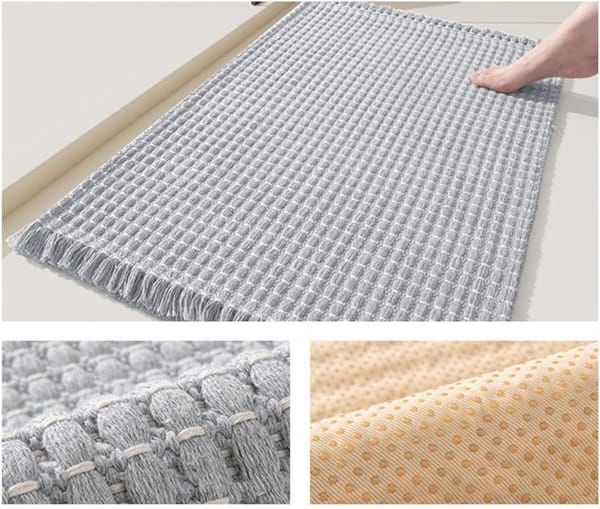 Soft Microfiber Farmhouse Bathroom Rug, Washable Kitchen Floor Mat, Woven Non‑Slip Bath Mat with Pure Tassels, Plush Woven Bathroom Carpet, Door Mat for Laundry Room, 20" x 32", Grey