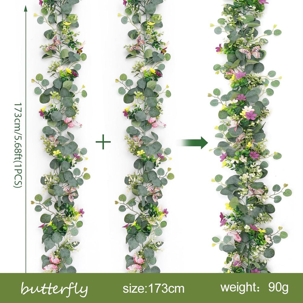 2 Pack Artificial Eucalyptus Garland with 3D Butterflies, Mixed Purple Yellow White Wildflower Fake Greenery Vine, 1.8m Bendable Floral Table Runner, Spring Farmhouse Decor for Wedding Dining Table Mantel Arch Covered Outdoor Patio