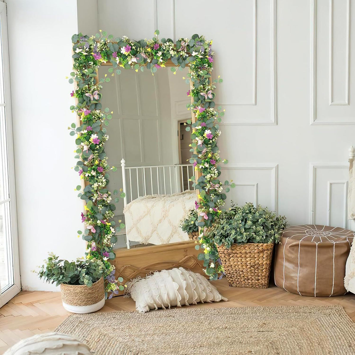 2 Pack Artificial Eucalyptus Garland with 3D Butterflies, Mixed Purple Yellow White Wildflower Fake Greenery Vine, 1.8m Bendable Floral Table Runner, Spring Farmhouse Decor for Wedding Dining Table Mantel Arch Covered Outdoor Patio